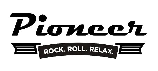 Pioneer Logo in black that also says Rock. Roll. Relax.